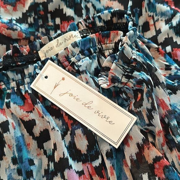 Joie De Vivre Sheer Over Black Pattern Blouse Top Shirt Orange Blue Small S NWT - Picture 3 of 3